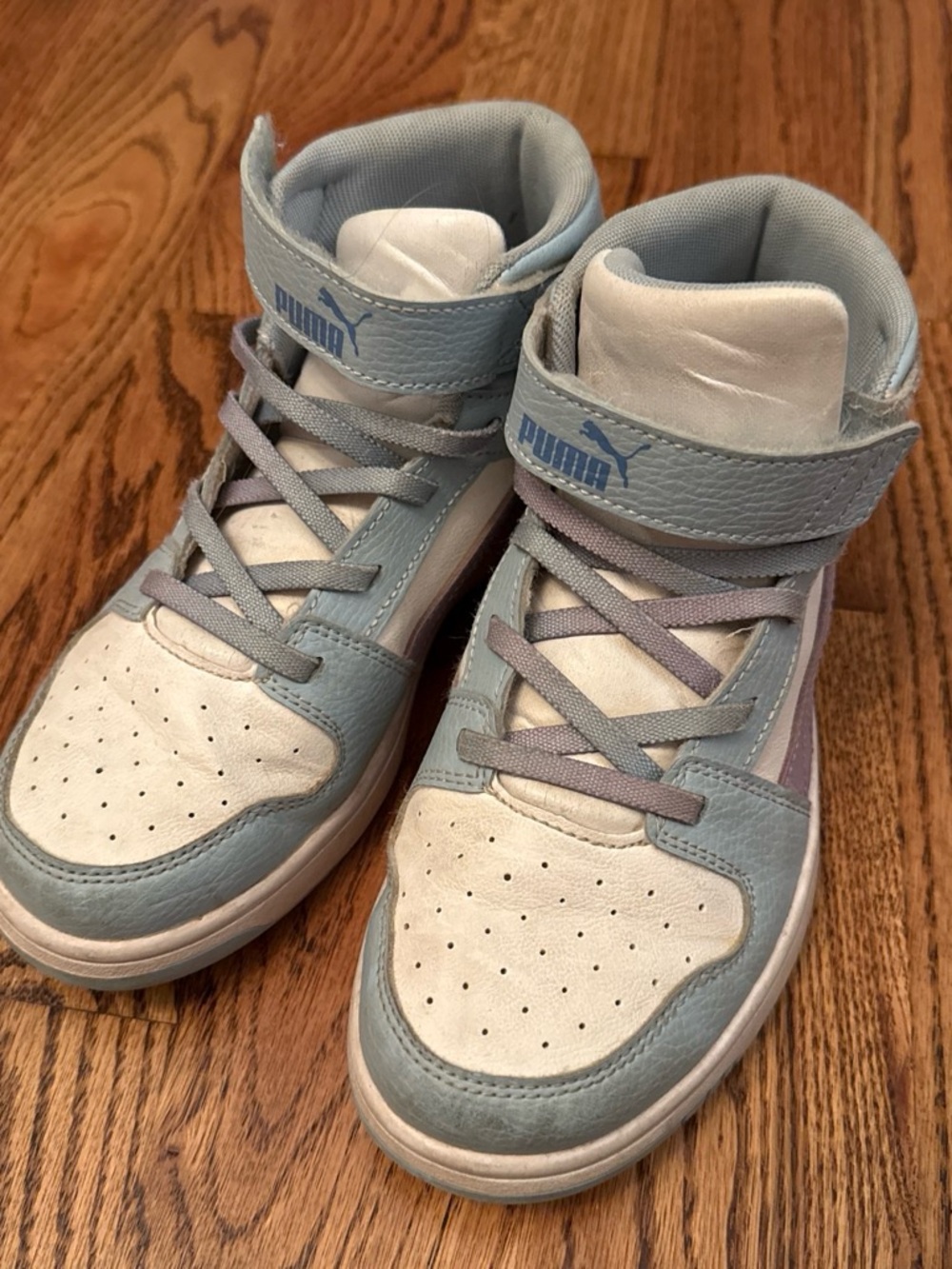 Puma Kids Light Blue, Purple, and White High-Top Sneakers